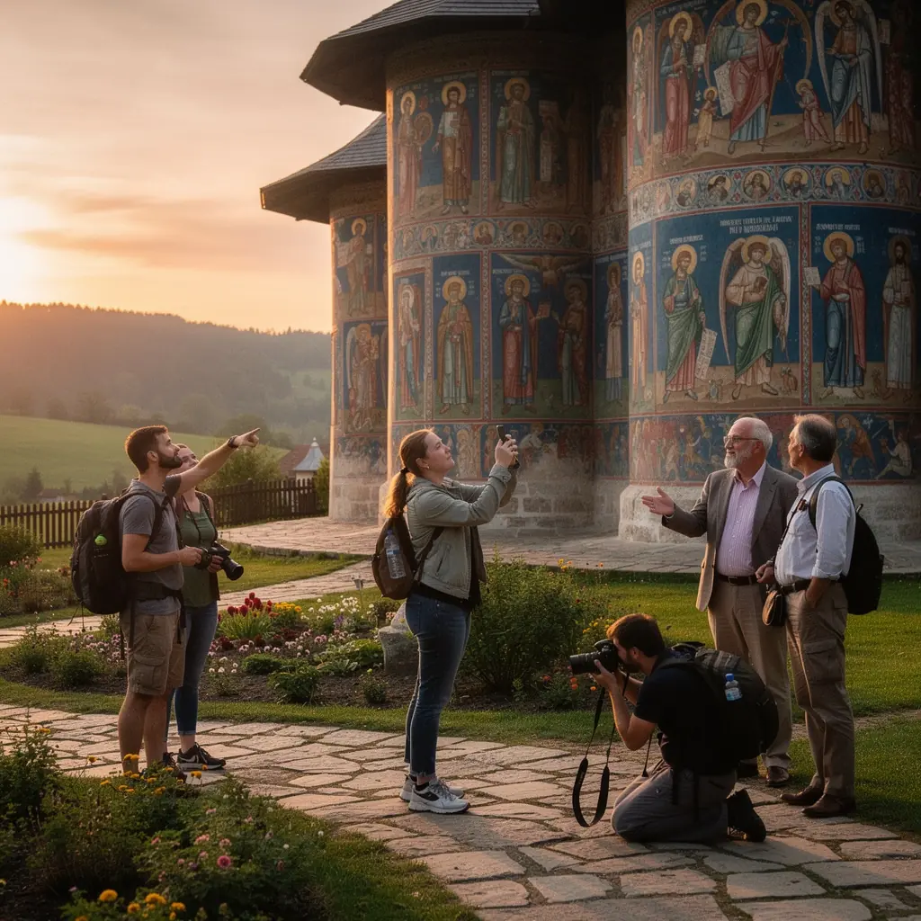 Un grup de turiști admirând o lucrare de artă într-o galerie de artă din România, înconjurați de istorie și cultură.
